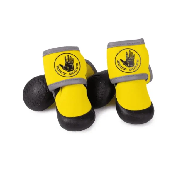 A pair of yellow and black dog booties with a logo.
