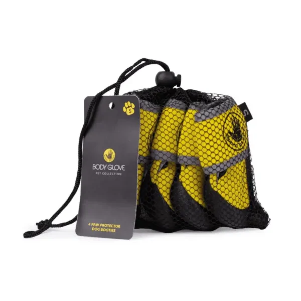 A mesh bag containing four boots of yellow neoprene dog boots, with a hanging tag labeled "Body Glove."