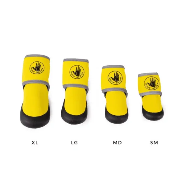 A set of four yellow pet booties in different sizes (XL, LG, MD, SM) with black soles and a logo.
