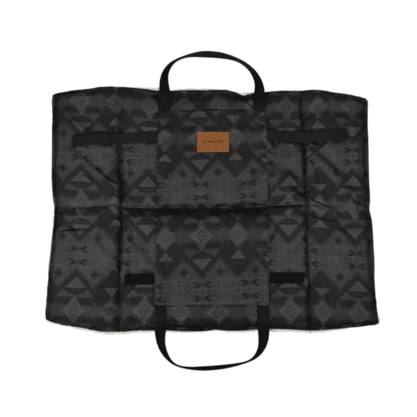 A black patterned bag or organizer with handles, featuring a geometric design.