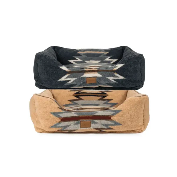 Two dog beds stacked on top of each other, one in a black pattern and the other in a tan color with a geometric design.