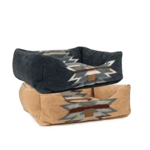 A stack of two pet beds, one gray with a boho-patterned design and one tan with a similar pattern.