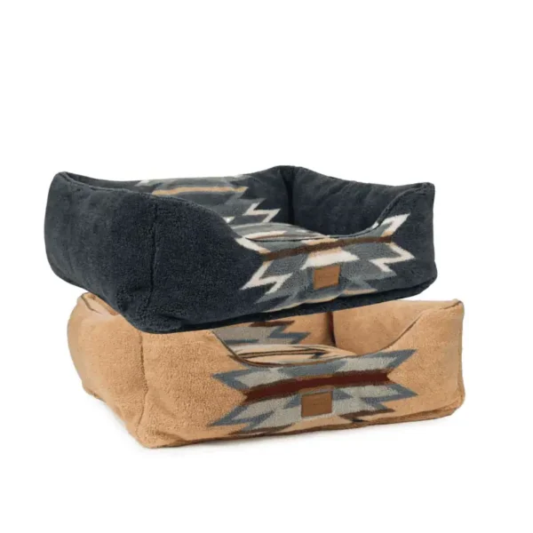 A stack of two pet beds, one gray with a boho-patterned design and one tan with a similar pattern.