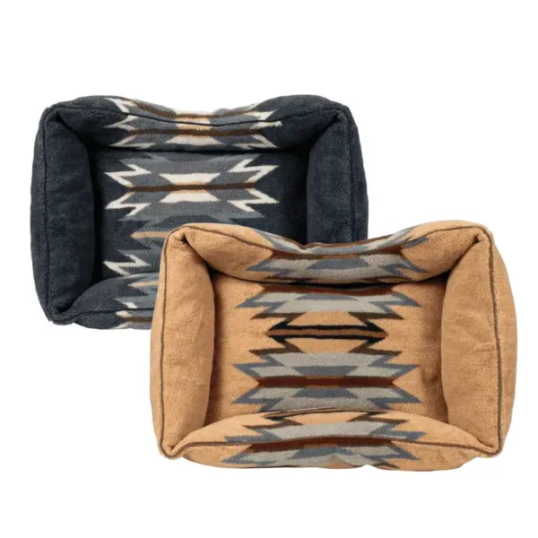 Two pet beds with patterned designs, one in dark colors and the other in a tan color with geometric patterns.