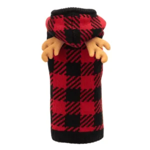 A red and black plaid dog sweater with a hood and faux antlers.