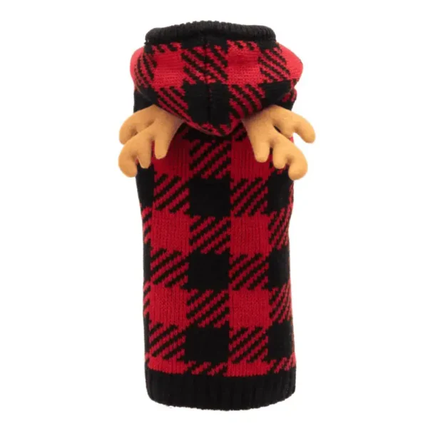 A red and black plaid dog sweater with a hood and faux antlers.