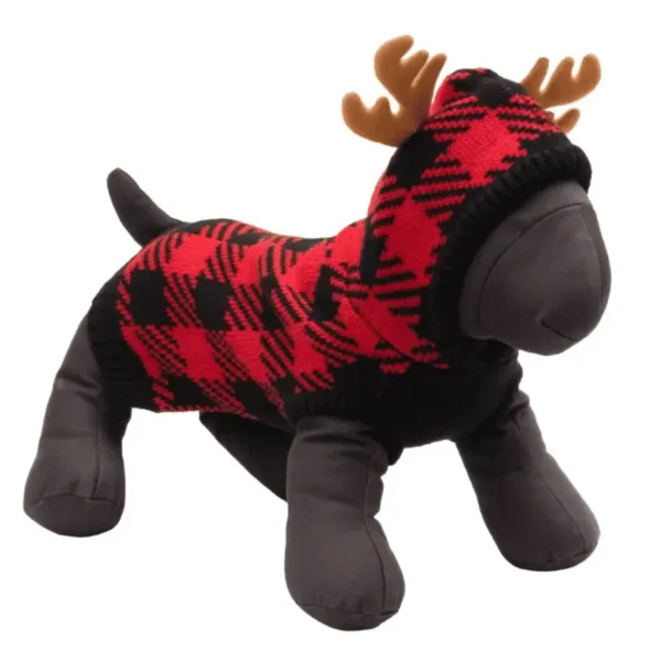 A plush dog mannequin wearing a red and black plaid dog sweater with antlers.