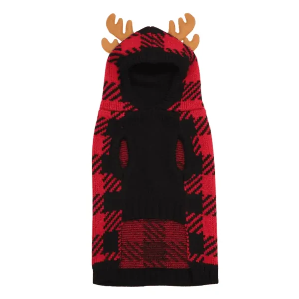 A red and black plaid hooded dog sweater with antlers on the hood and arm holes.