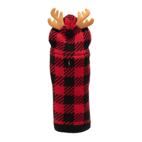 A red and black plaid hooded dog sweater with moose antlers.