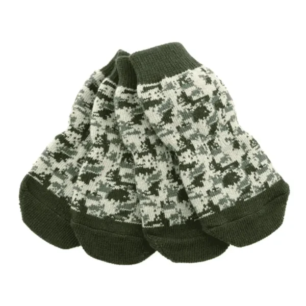 A set of camo-patterned socks in green and gray hues, arranged in a pile.