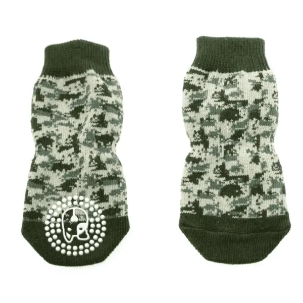 A pair of green camouflage-patterned dog socks.