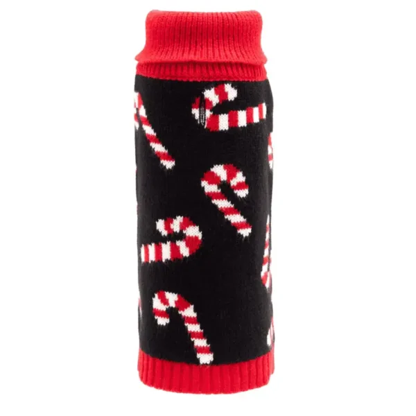 A black dog sweater with a red collar, featuring a pattern of white and red candy canes.