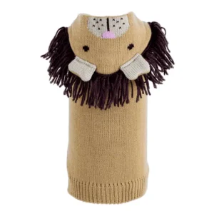 A knitted dog sweater designed to look like a lion, featuring a lion's face and mane.