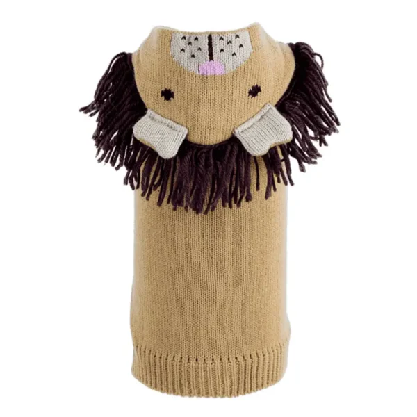 A knitted dog sweater designed to look like a lion, featuring a lion's face and mane.