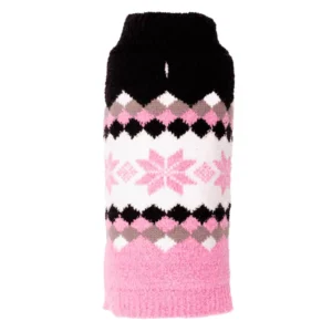 A cozy, knitted dog sweater featuring a black, pink, and white geometric pattern with snowflakes.