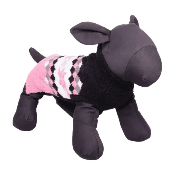 A black plush dog mannequin wearing a patterned pink and black dog sweater.