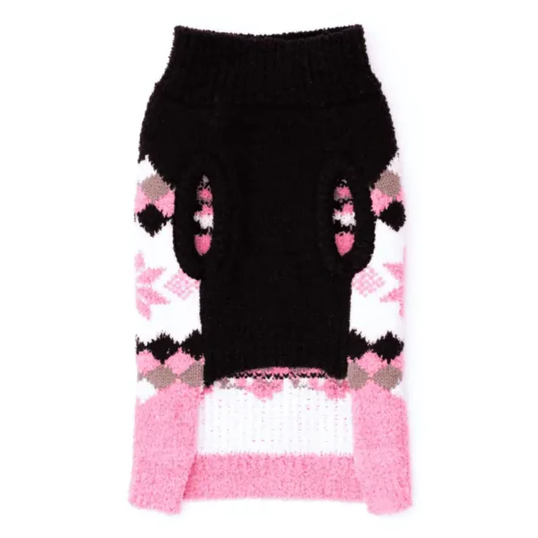 A black and pink patterned dog sweater with a smooth black portion and openings for the dog's legs.