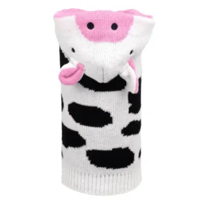 A cute cow-themed knit dog hoodie featuring a white base with black spots and a pink snout.