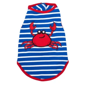 A blue and white striped dog tank featuring a red crab design on the front.