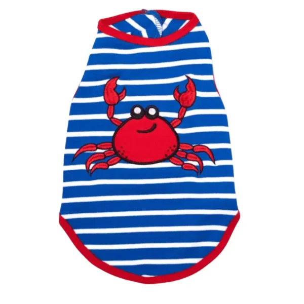 A blue and white striped dog tank featuring a red crab design on the front.