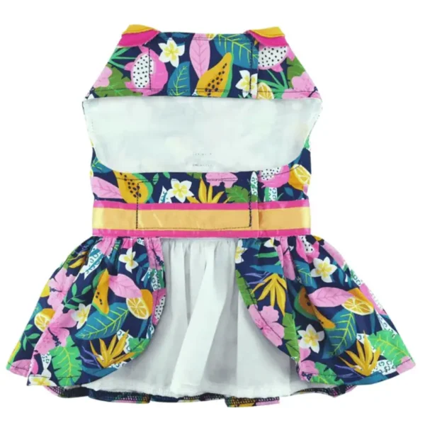 A colorful dog dress with a tropical floral pattern, featuring a fitted bodice and a flared skirt.