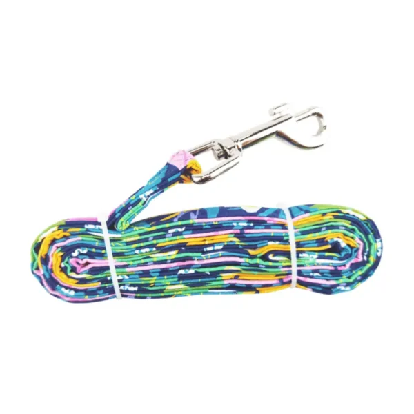A colorful, patterned dog leash coiled neatly with a metal clip.