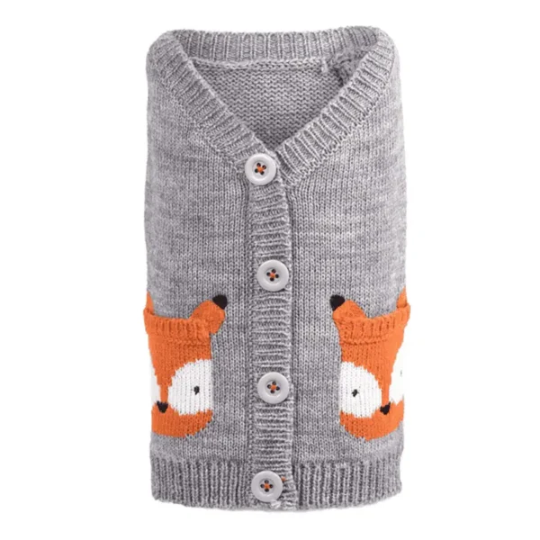 A gray dog cardigan featuring two fox designs on the front, with four buttons down the center.