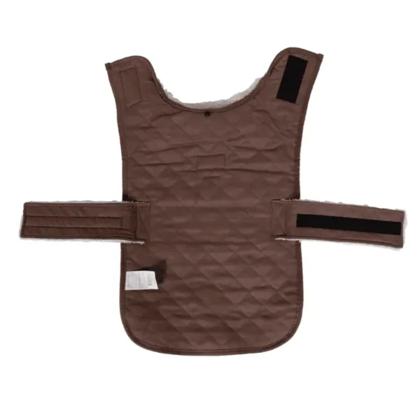 Inside the dog coat.A brown, quilted vest with adjustable straps.