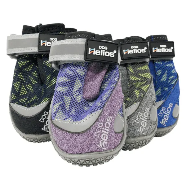 Four pairs of colorful dog shoes in various styles and sizes.