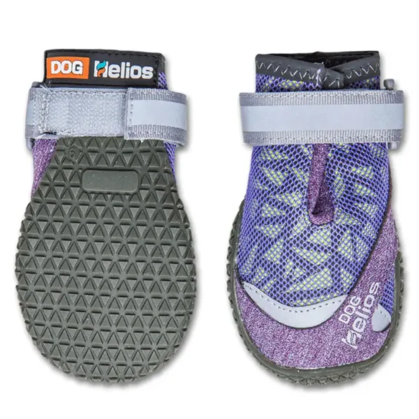 A pair of dog booties featuring a textured sole and a purple, patterned design.