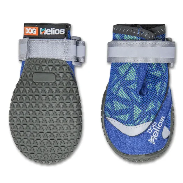 A pair of dog booties featuring a textured sole and a blue, patterned design.