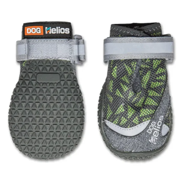 A pair of dog booties featuring a textured sole and a green, patterned design.