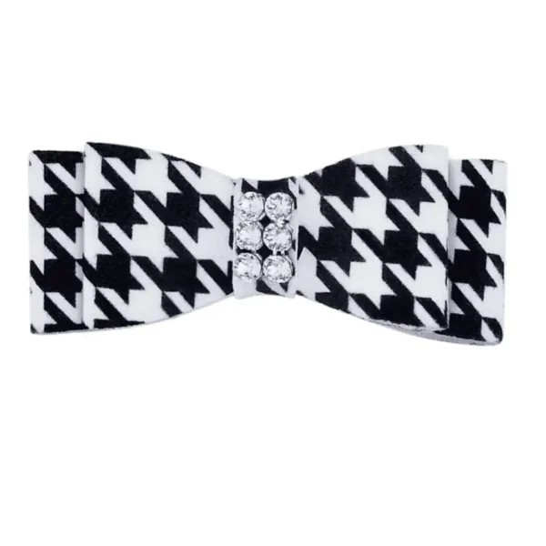 Black and white houndstooth dog hair bow with 6 mini rhinestones in the center