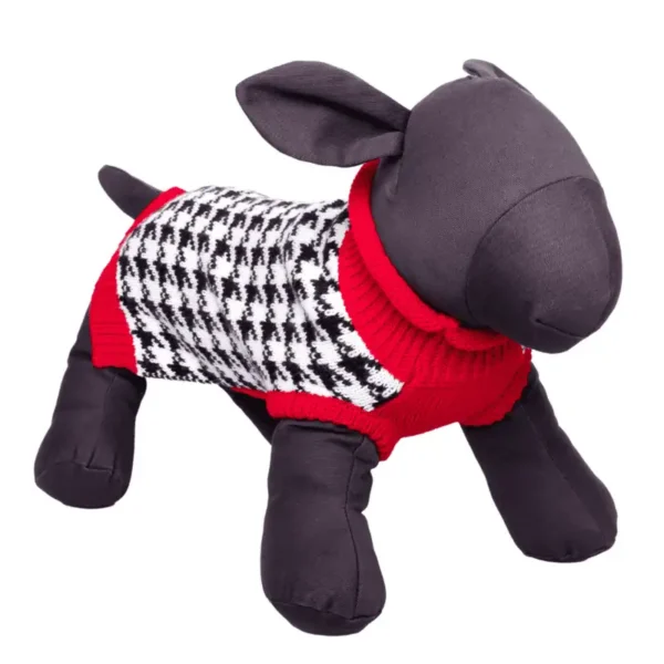 A plush toy dog mannequin wearing a red and black patterned sweater.