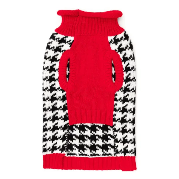 A cozy dog sweater featuring a red turtleneck and a black and white houndstooth pattern on the body.