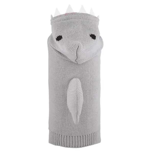 A gray dog sweater designed to look like a shark, featuring a snout, eyes, and triangular spike teeth on top.