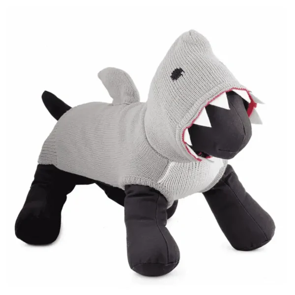 A plush dog mannequin designed to look like a shark, with a gray body and black legs.