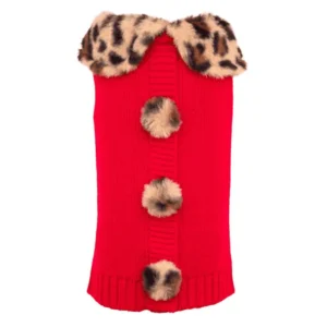 A red dog sweater featuring a leopard print faux fur collar and three decorative pom-poms on the front.