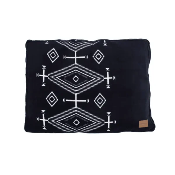 A rectangular black pet bed cushion featuring white geometric patterns.
