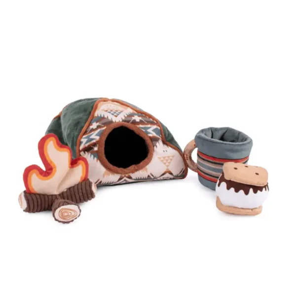 A camping-themed plush dog toy set including a tent, campfire, marshmallow, and a cup.