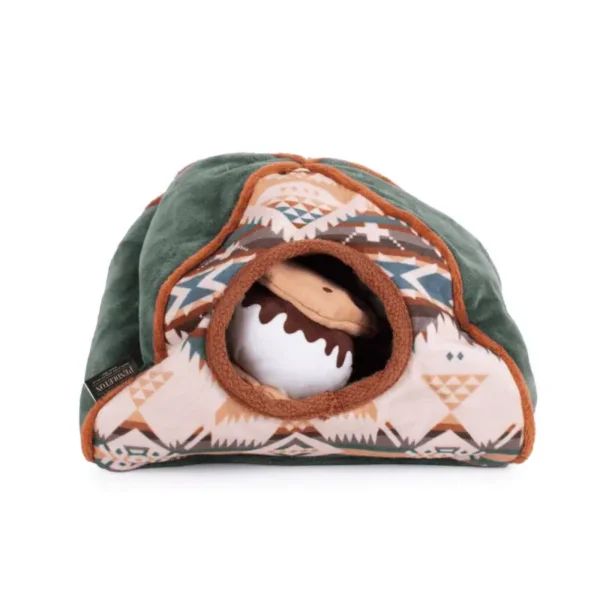 A cozy hideaway-shaped dog toy, like a small tent, featuring a patterned bottom and soft fabric.