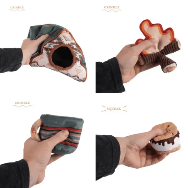 A collage of dog toys featuring a tent shape, a mushroom, a cup, and a dessert, each held in a hand.