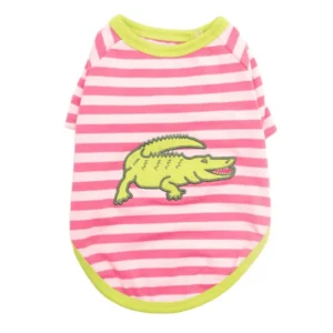 A pink and white striped dog shirt with a green crocodile graphic.