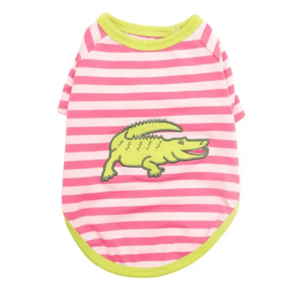 A pink and white striped dog shirt with a green crocodile graphic.