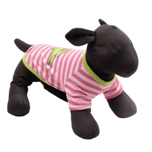 A black plush dog mannequin wearing a pink and white striped shirt.
