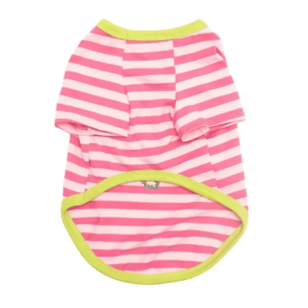 Underside of pink and white striped dog shirt with a green trim.