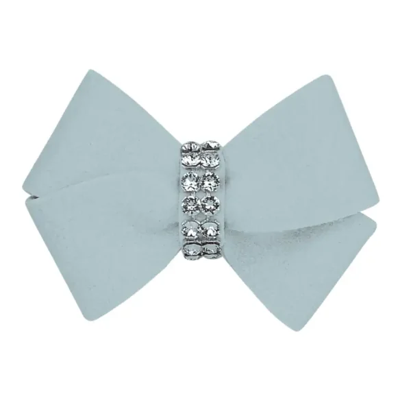 A light blue dog hair bow with mini rhinestones embellishments in the center.