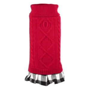 A red knitted dog sweater dress with a cable knit design and a black-and-white checkered pleated skirt at the bottom.