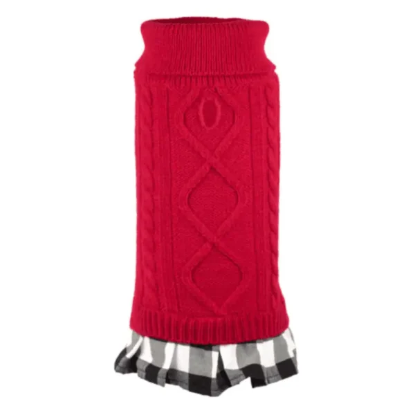 A red knitted dog sweater dress with a cable knit design and a black-and-white checkered pleated skirt at the bottom.