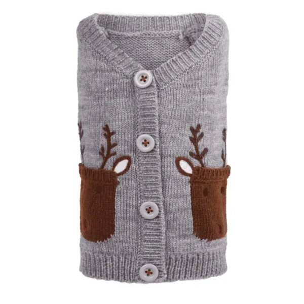 A folded gray dog cardigan featuring brown reindeer designs on the pockets.